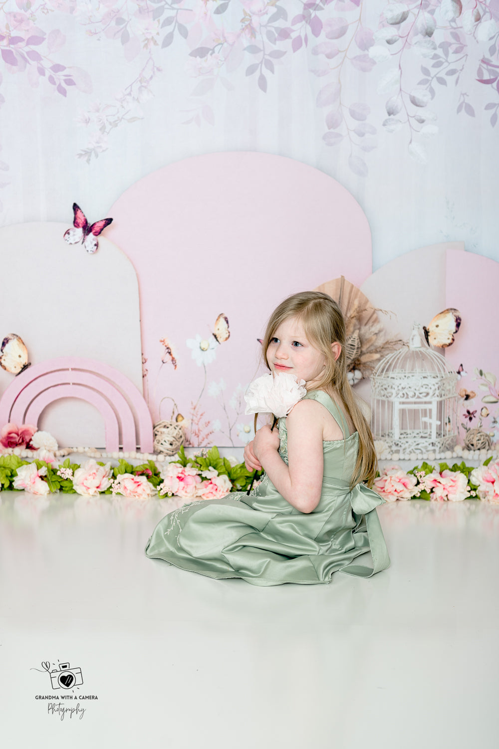 Kate Pink Buttefly Floral Backdrop Girl Cake Smash Designed by Ashley Paul - Kate Backdrop AU