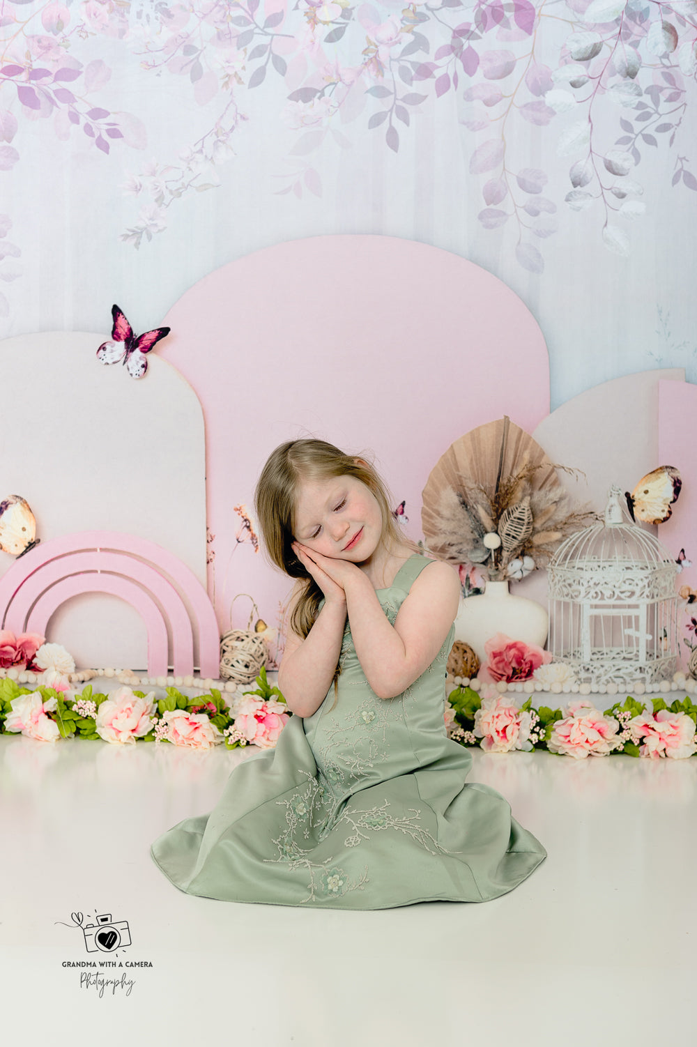 Kate Pink Buttefly Floral Backdrop Girl Cake Smash Designed by Ashley Paul - Kate Backdrop AU