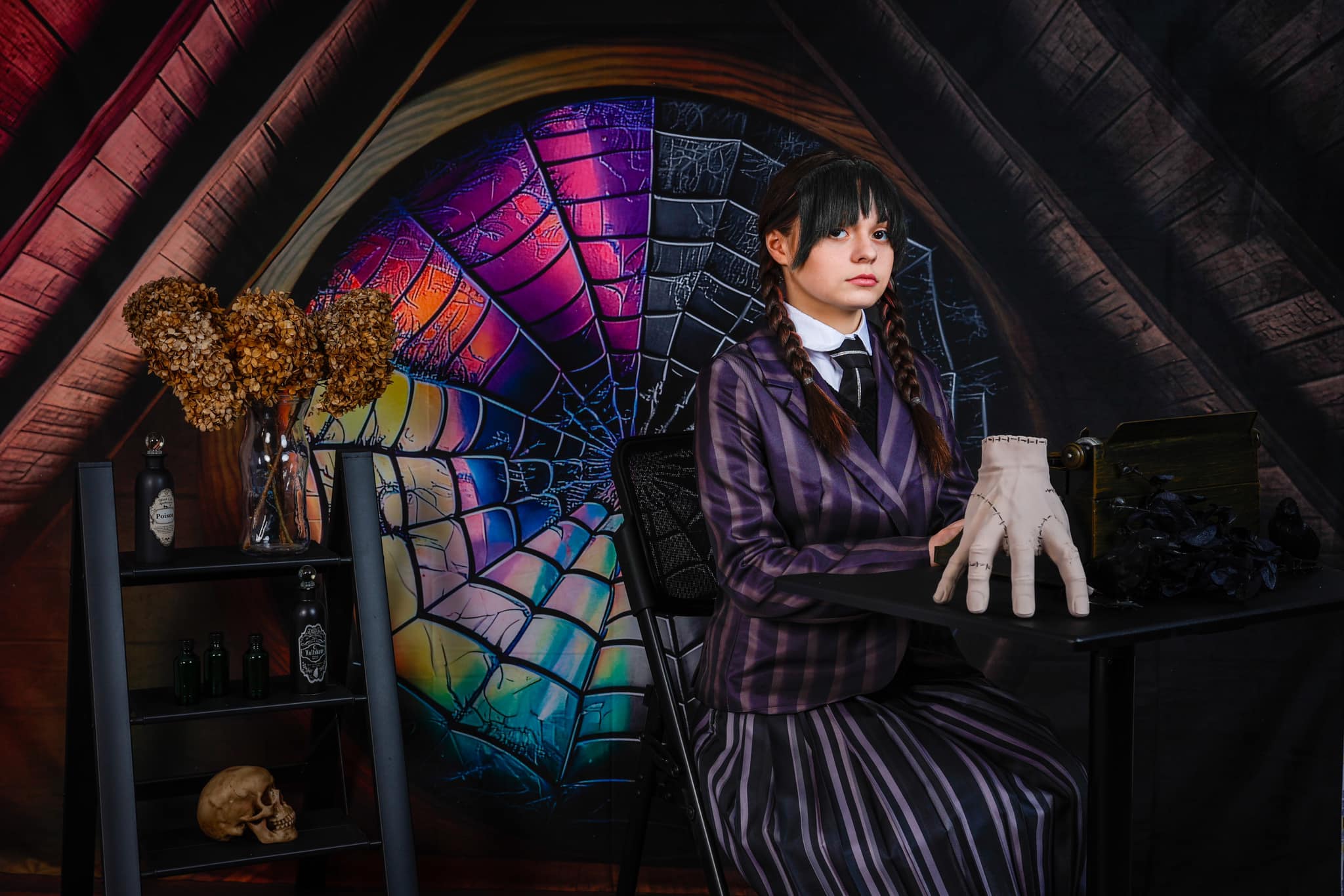 Kate Spooky Halloween Backdrop Attic Dorm Room Colorful Spiderweb Window Designed by Mini MakeBelieve - Kate Backdrop AU