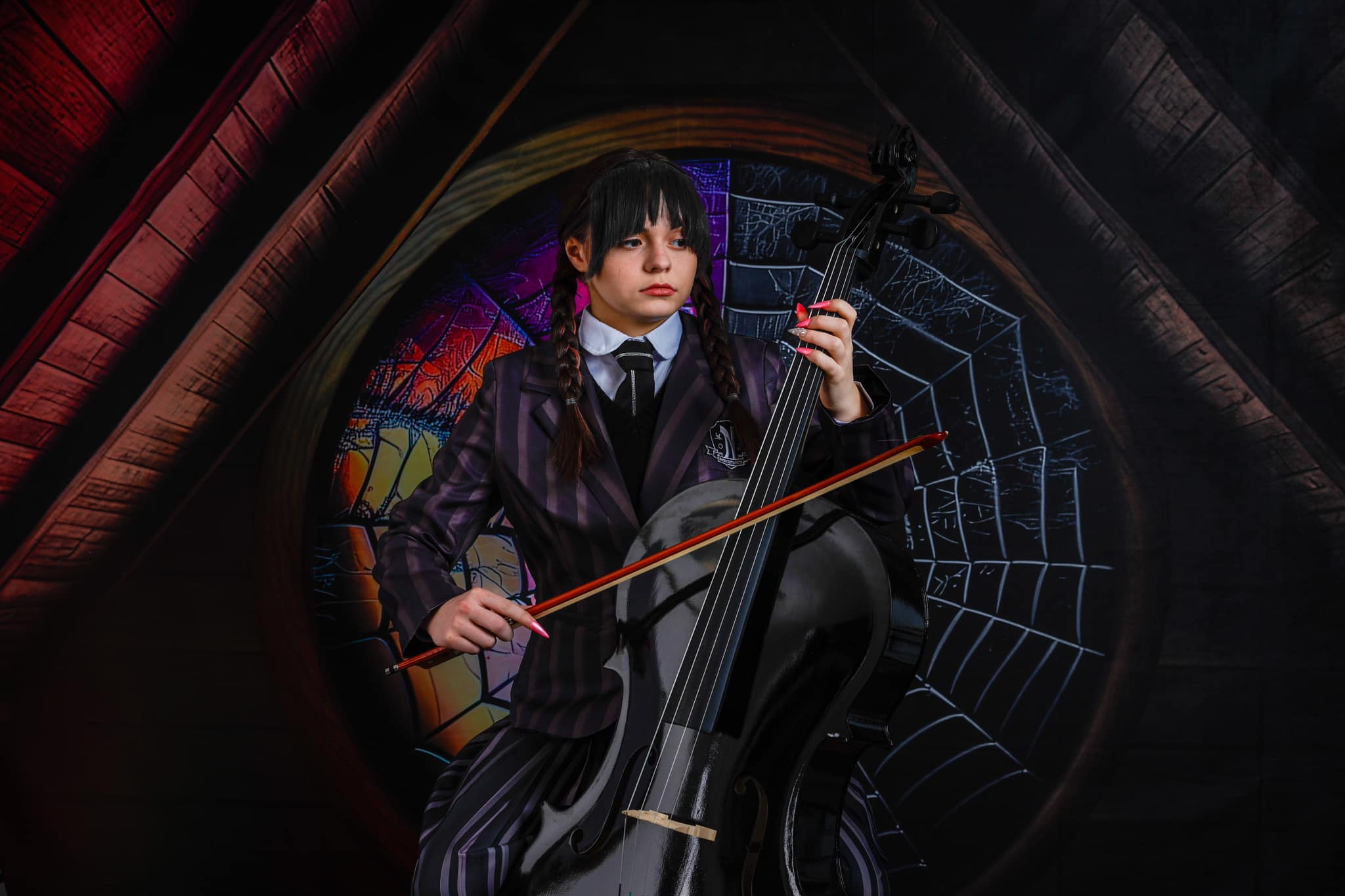 Kate Spooky Halloween Backdrop Attic Dorm Room Colorful Spiderweb Window Designed by Mini MakeBelieve - Kate Backdrop AU