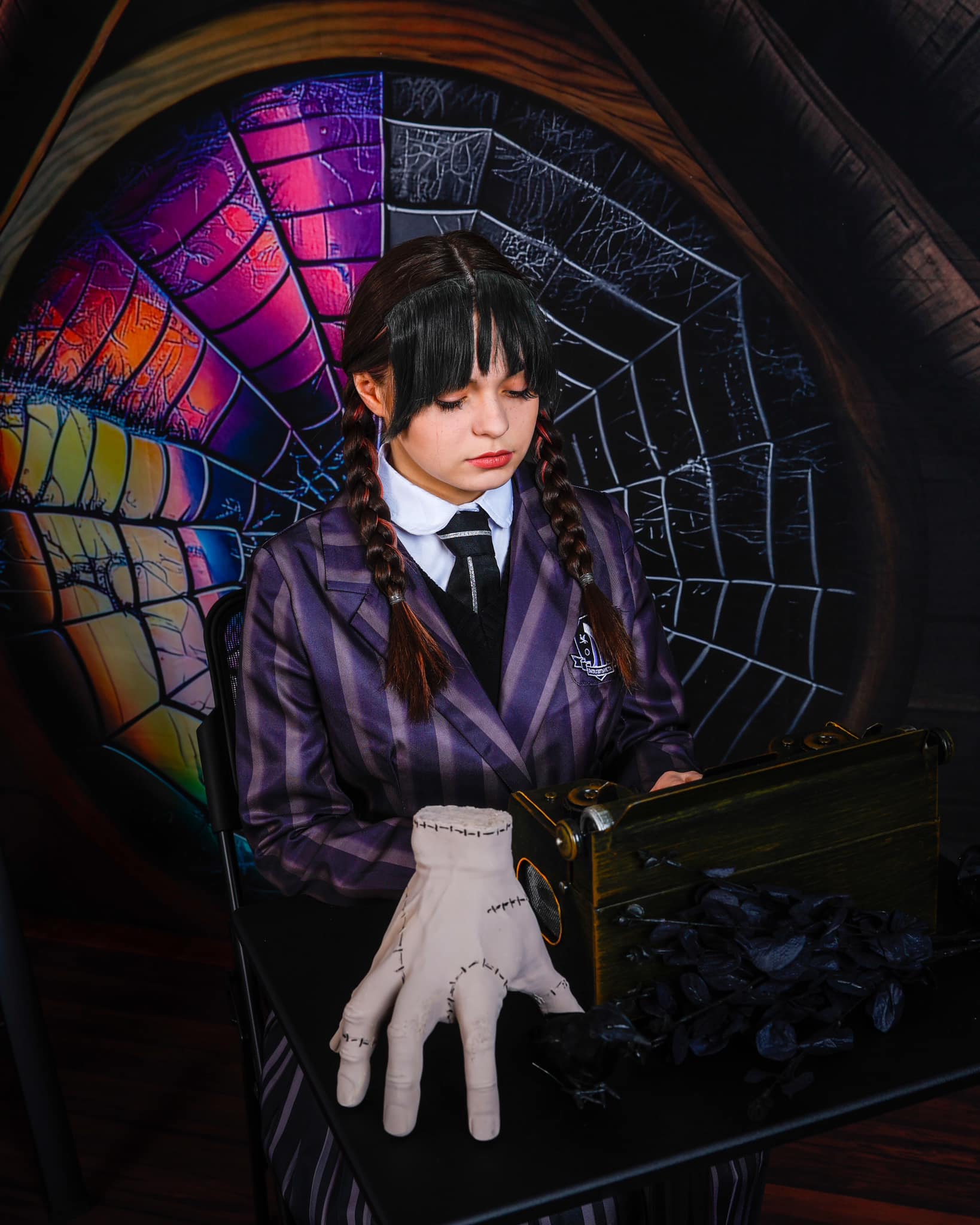 Kate Spooky Halloween Backdrop Attic Dorm Room Colorful Spiderweb Window Designed by Mini MakeBelieve - Kate Backdrop AU