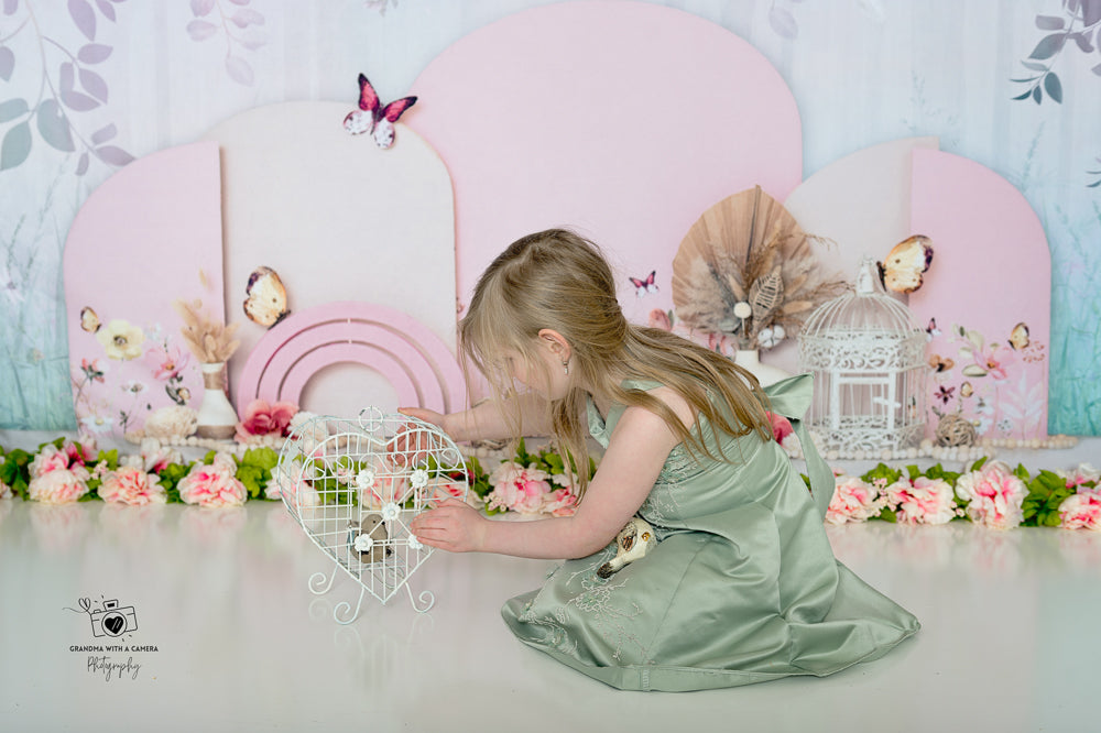 Kate Pink Buttefly Floral Backdrop Girl Cake Smash Designed by Ashley Paul - Kate Backdrop AU