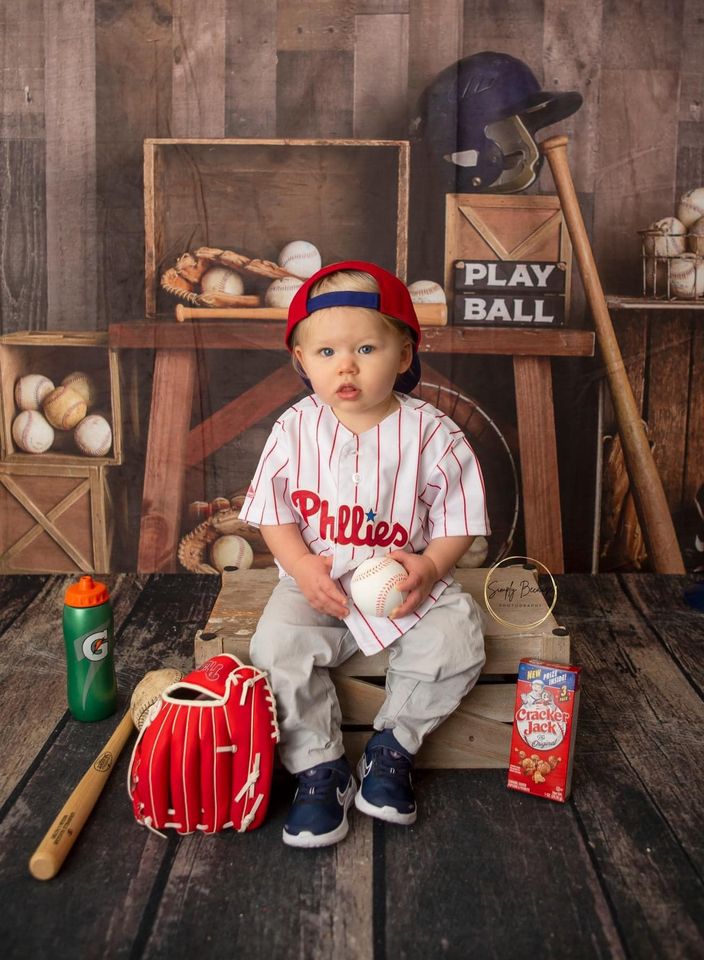 Kate Vintage Baseball Backdrop+Brown Wood Rubber Floor Mat - Kate Backdrop AU