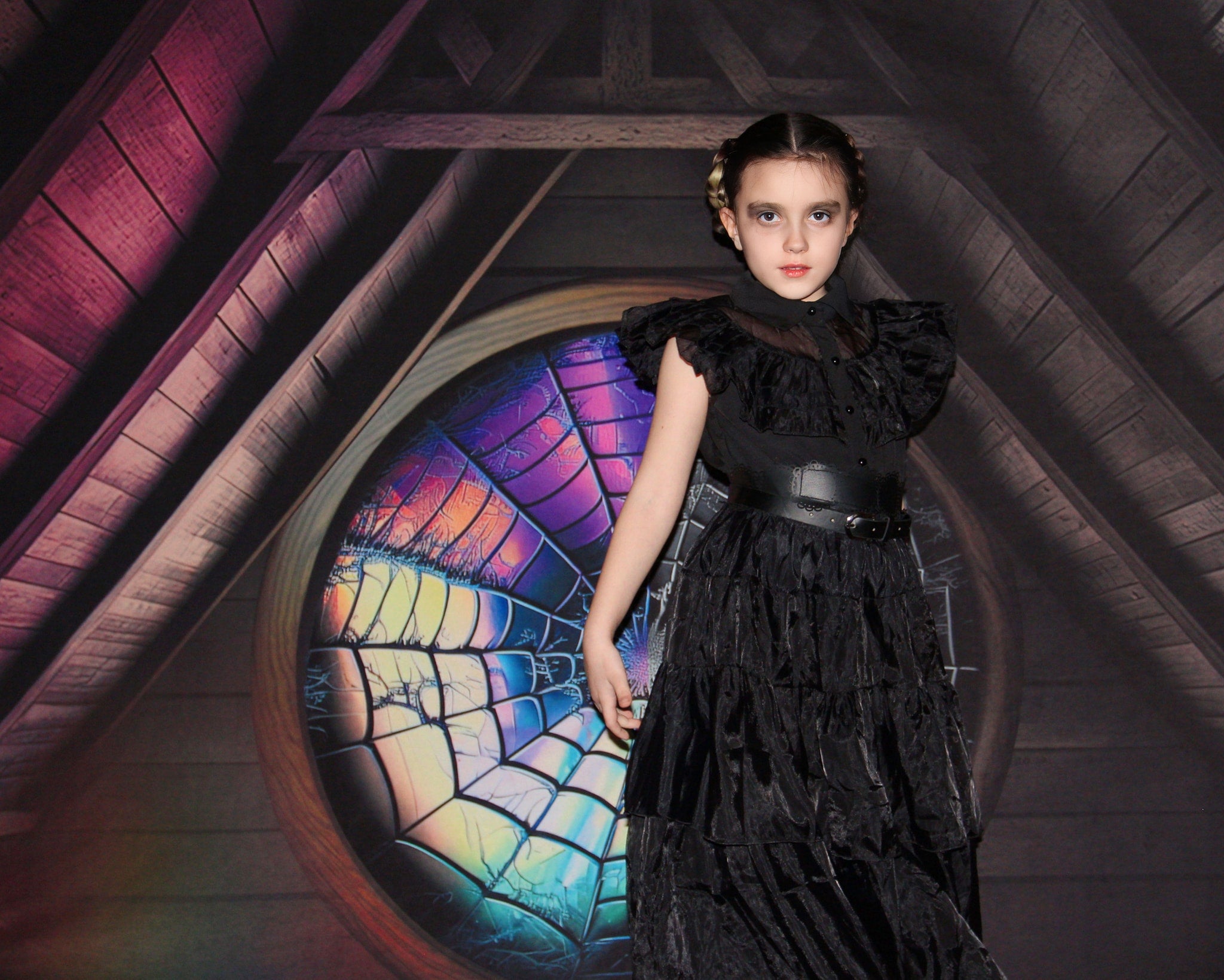 Kate Spooky Halloween Backdrop Attic Dorm Room Colorful Spiderweb Window Designed by Mini MakeBelieve - Kate Backdrop AU