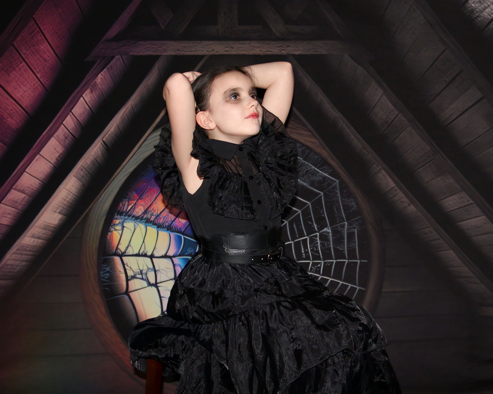 Kate Spooky Halloween Backdrop Attic Dorm Room Colorful Spiderweb Window Designed by Mini MakeBelieve - Kate Backdrop AU