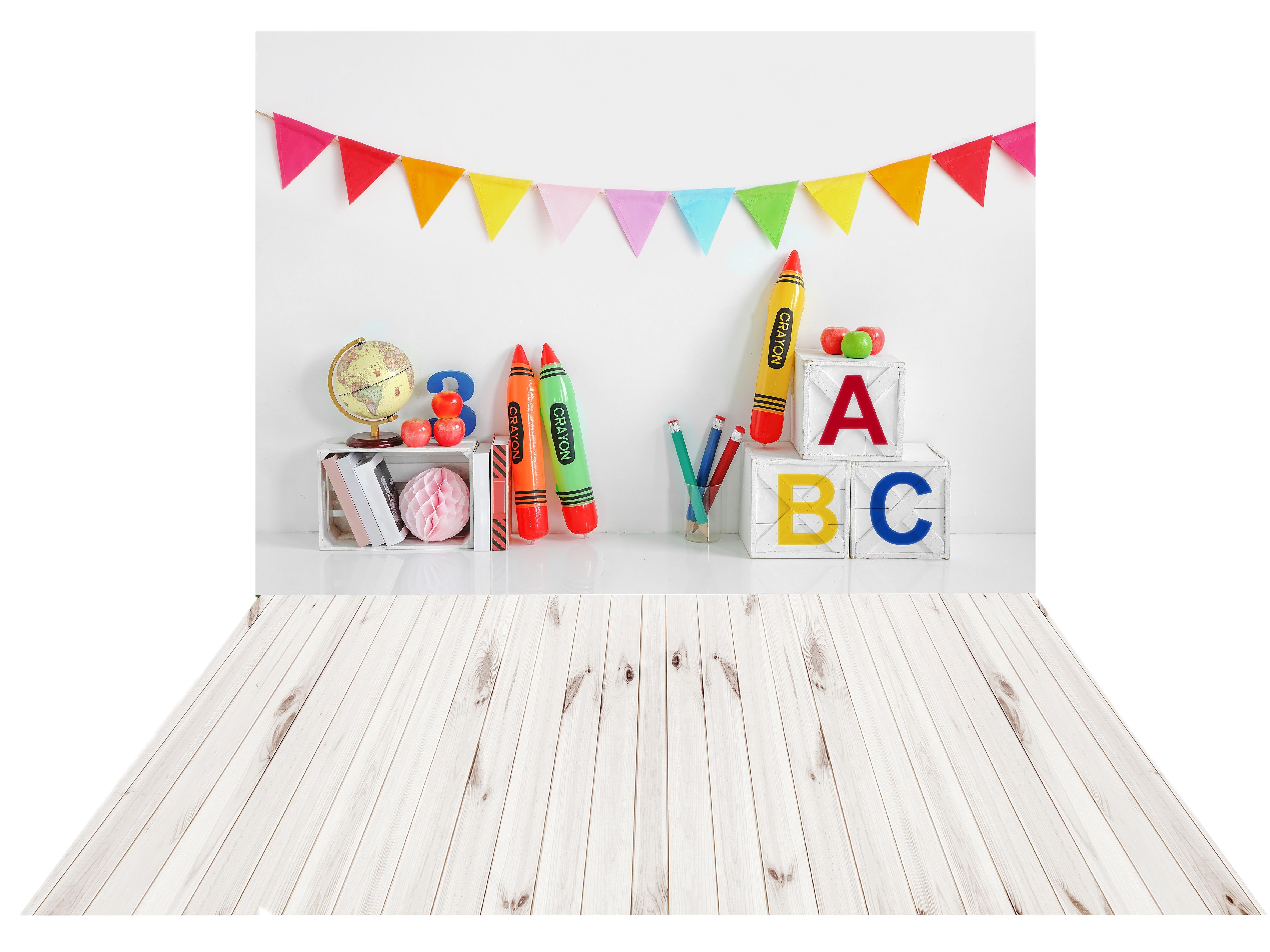 Kate Back to School Backdrop Crayon+White Retro Wooden Wall Rubber Floor Mat - Kate Backdrop AU