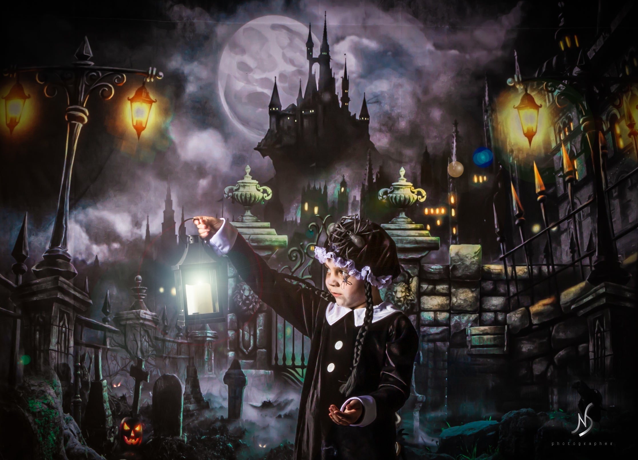 Kate Halloween Pumpkin Backdrop Castle Night Moon for Photography - Kate Backdrop AU