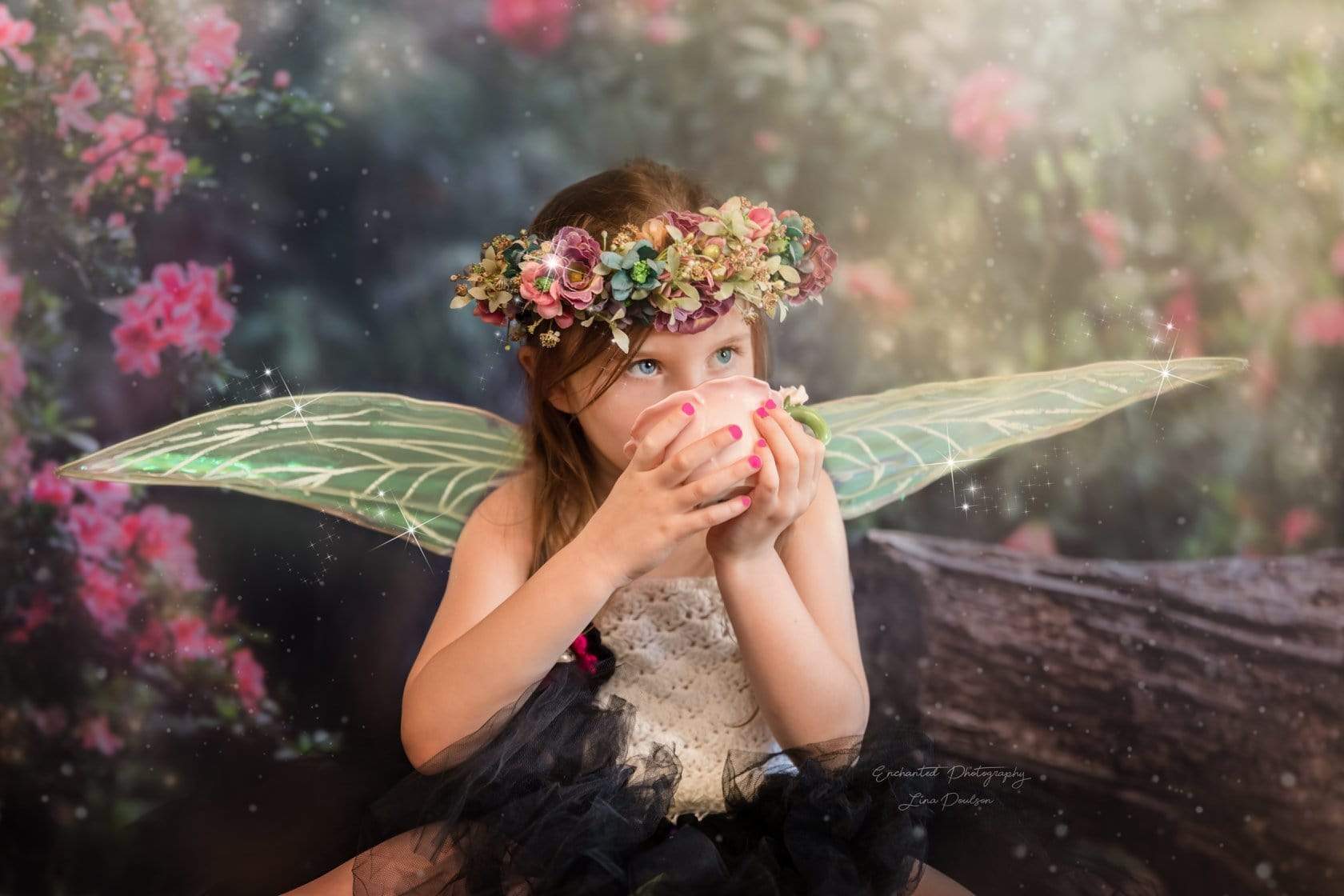 Kate Garden with log bench fairy lights spring Backdrop for Photography Designed by Pine Park Collection