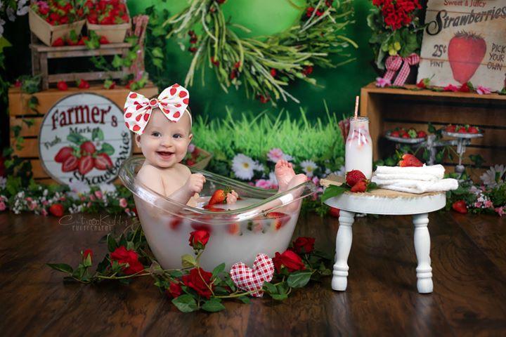 Kate Spring Strawberry and White Flower Green Leaves With Banners Birthday Backdrop for Photography - Kate Backdrop AU