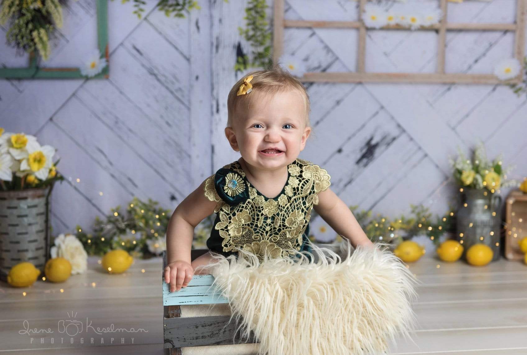 Kate Retro Wood Summer Daisies Lemon Backdrop