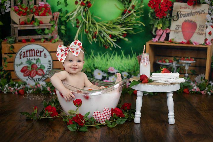 Kate Spring Strawberry and White Flower Green Leaves With Banners Birthday Backdrop for Photography - Kate Backdrop AU