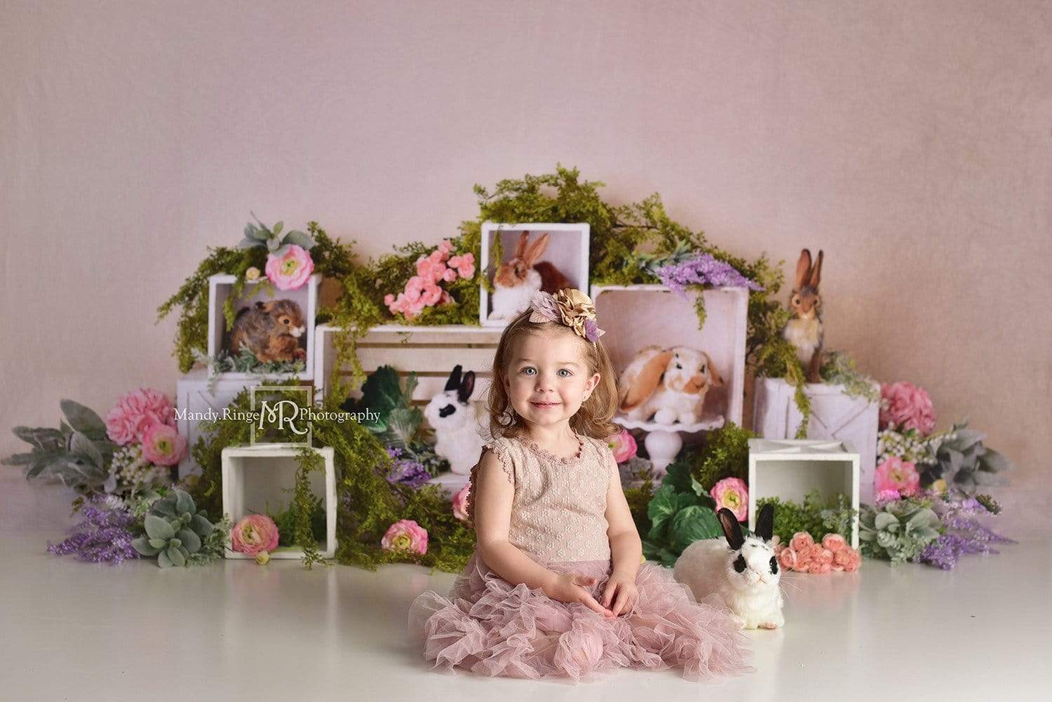 Kate Spring Rabbits Flowers Children Easter Backdrop for Photography Designed by Mandy Ringe Photography