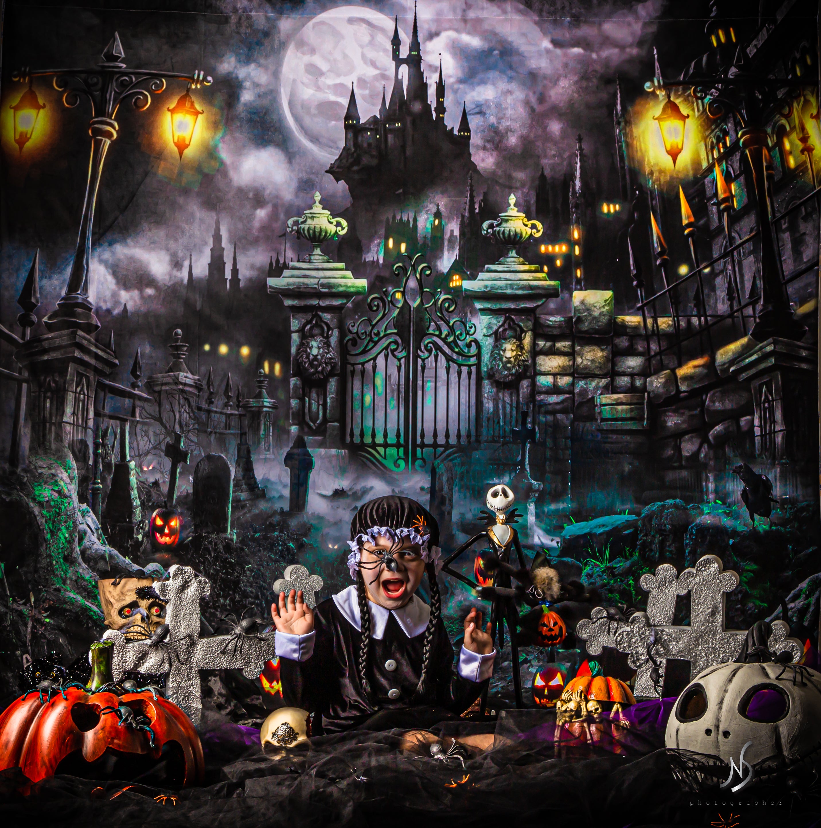 Kate Halloween Pumpkin Backdrop Castle Night Moon for Photography - Kate Backdrop AU