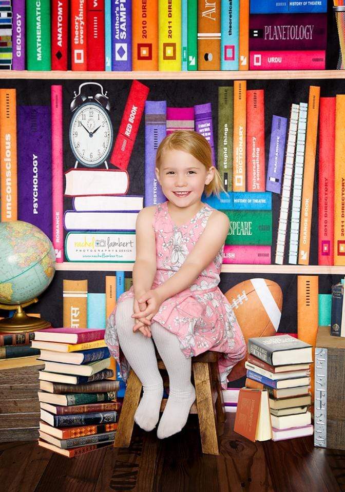 Kate Bookshelf Backdrop Alarm Clock Colorful Books Photography children - Kate Backdrop AU