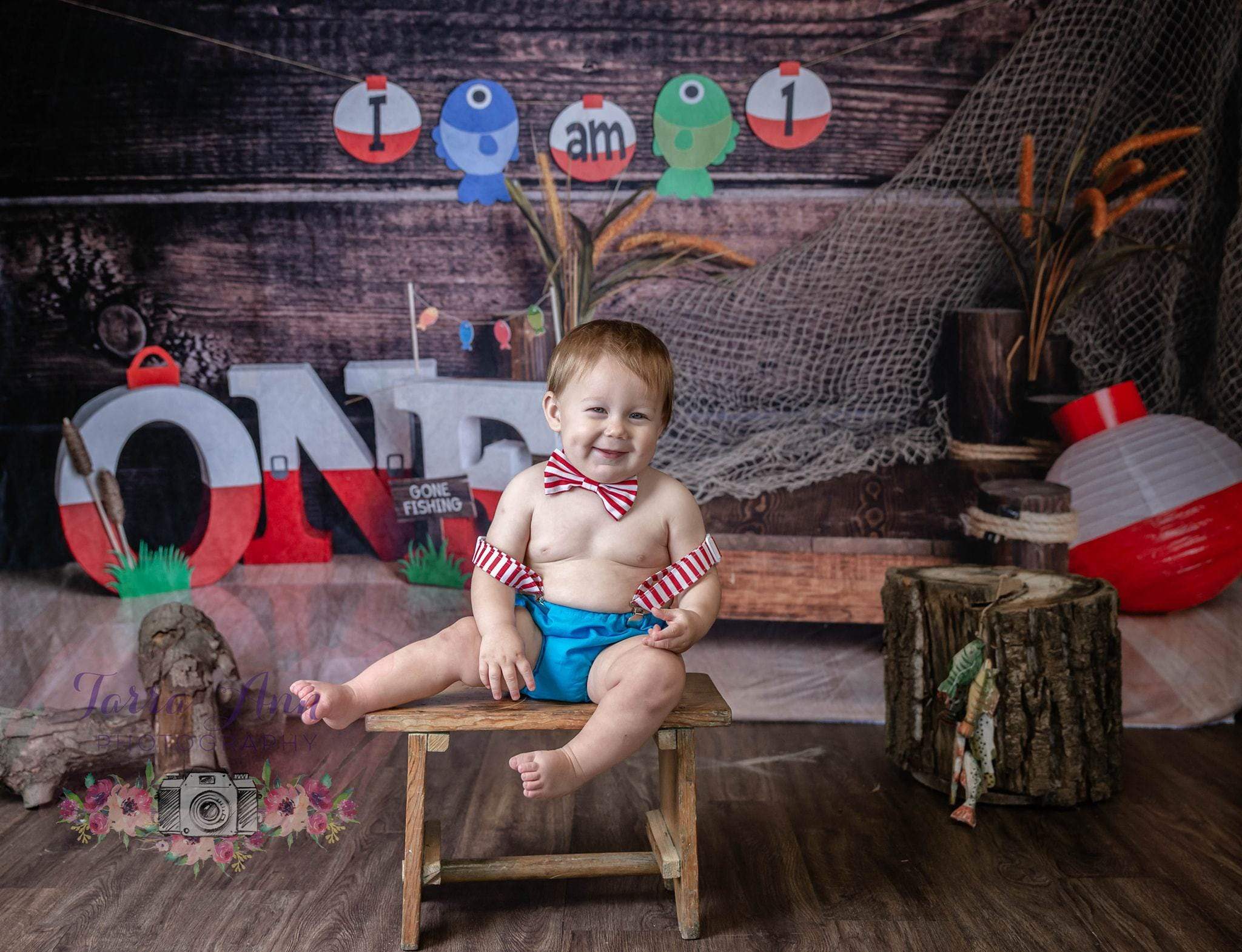 Kate 1st Birthday Go Fishing Wooden Backdrop for Photography Designed By Leila Steffens - Kate Backdrop AU