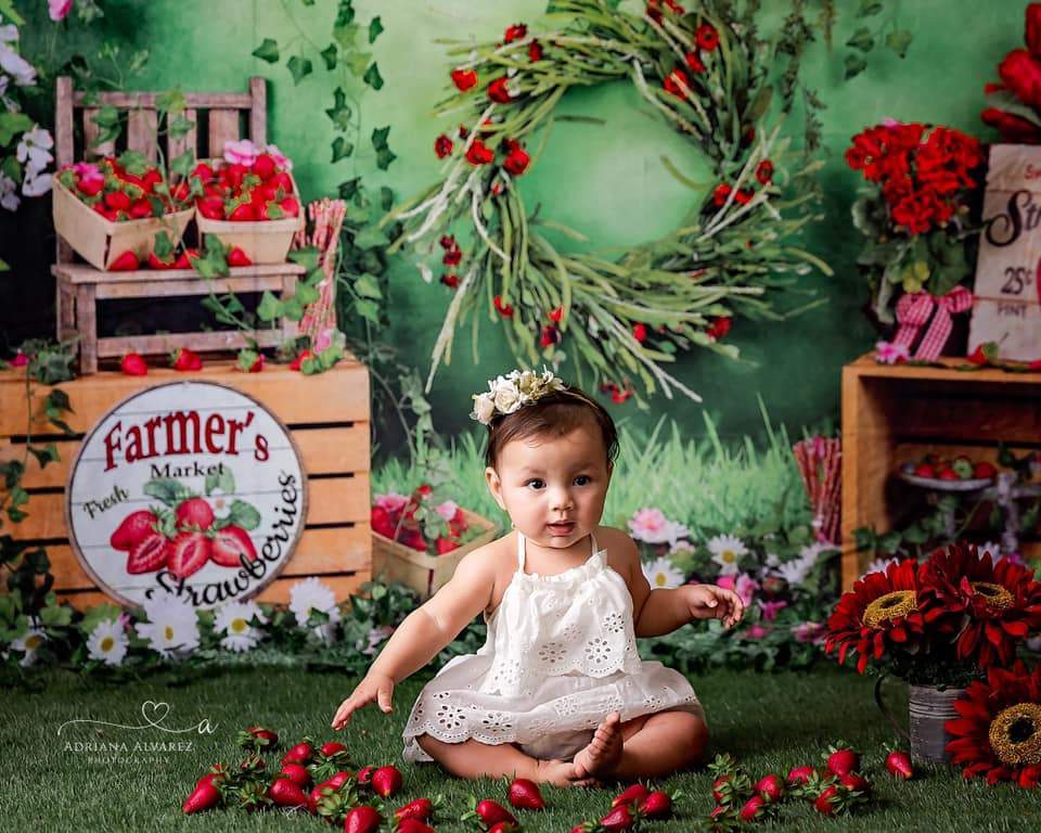 Kate Spring Strawberry and White Flower Green Leaves With Banners Birthday Backdrop for Photography - Kate Backdrop AU