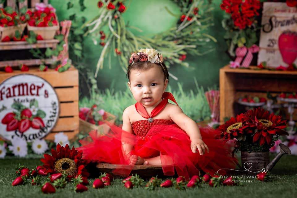 Kate Spring Strawberry and White Flower Green Leaves With Banners Birthday Backdrop for Photography - Kate Backdrop AU