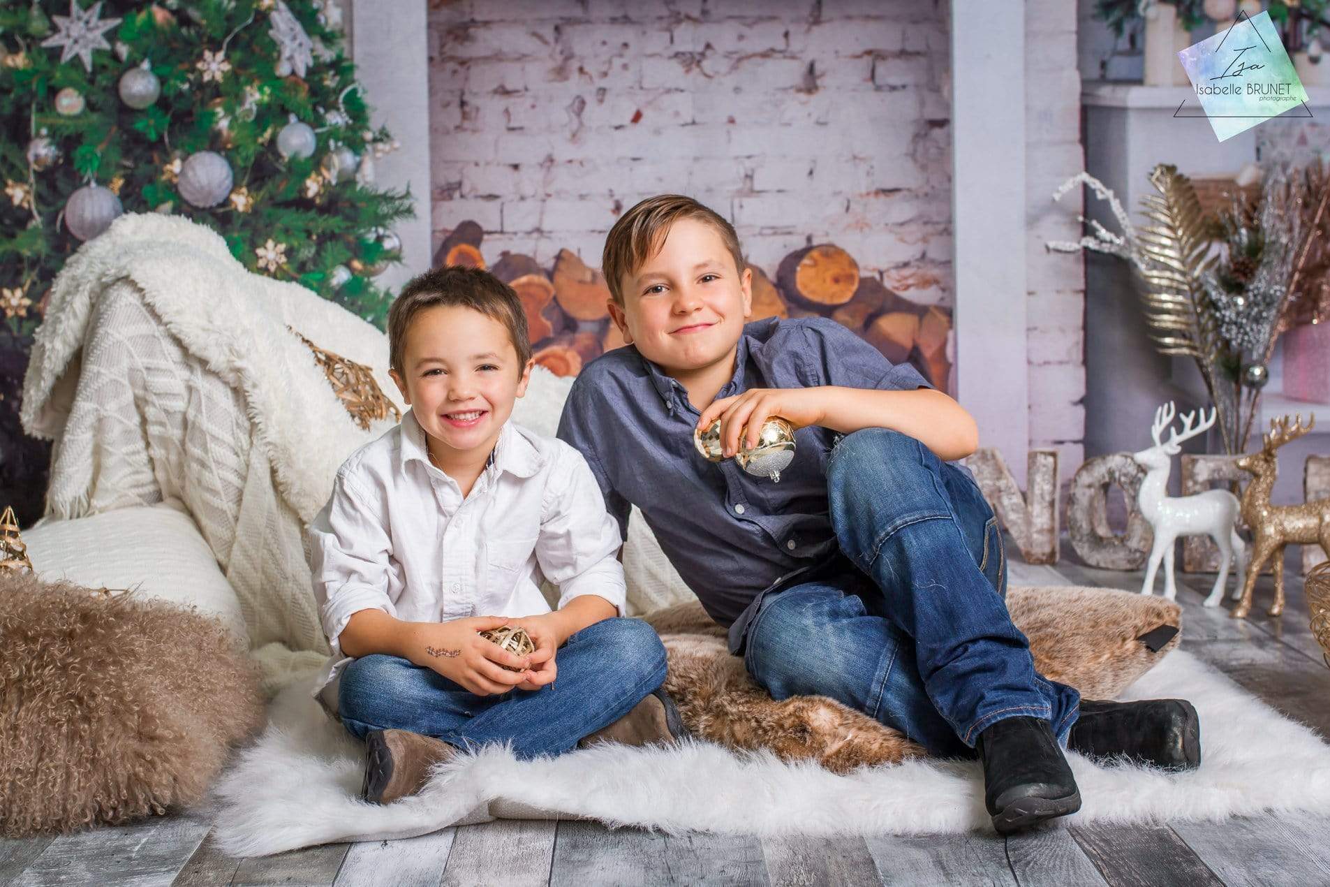 Kate Christmas Tree with Fireplace White Brick Wall Warmful Backdrop for Photography - Kate Backdrop AU