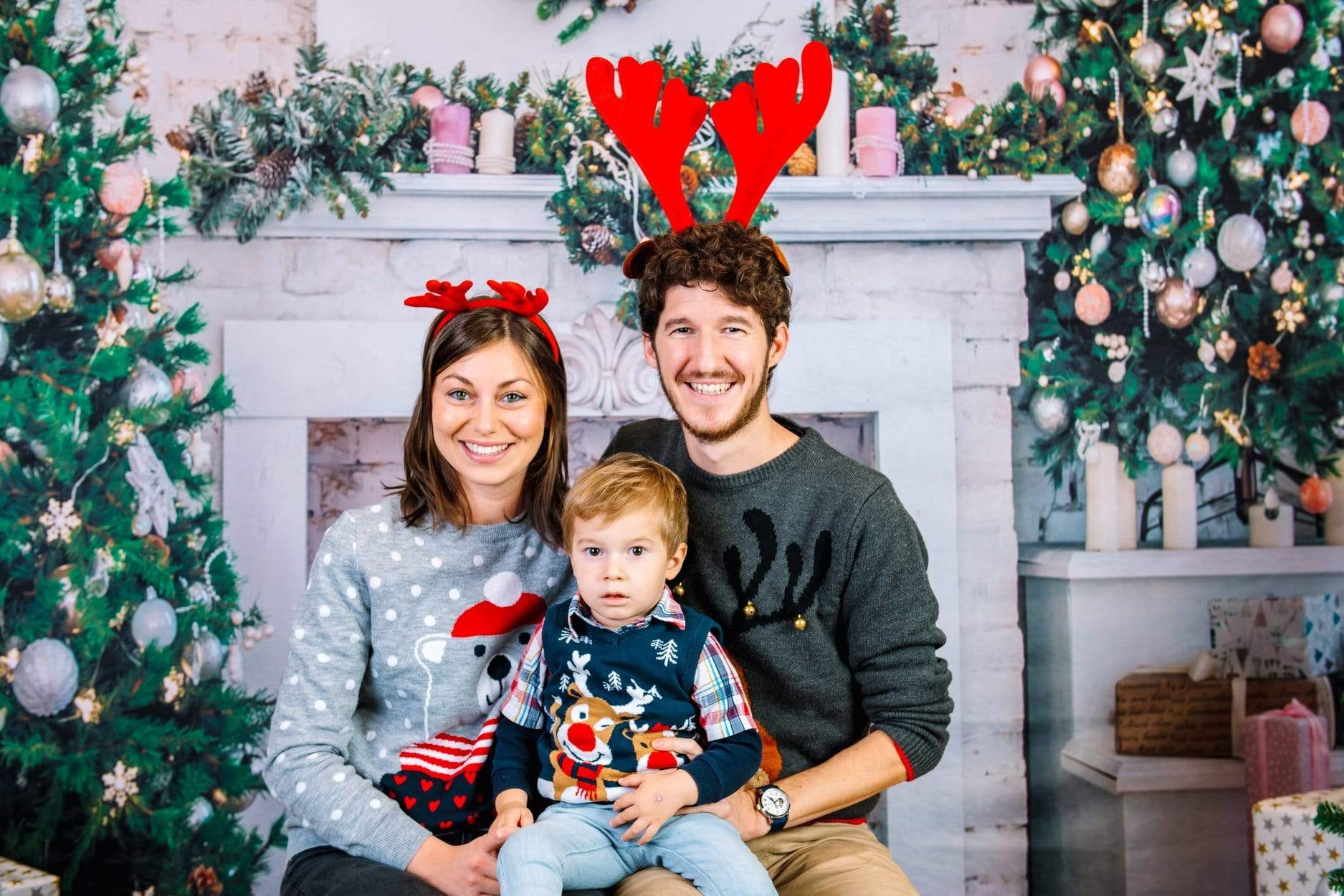 Kate Christmas Tree with Fireplace White Brick Wall Warmful Backdrop for Photography - Kate Backdrop AU