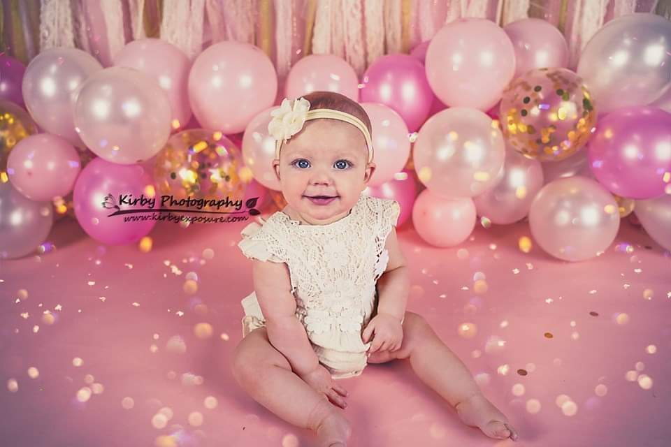 Kate Birthday Pink & Gold Ribbons with Balloons Party Backdrop Designed By Arica Kirby - Kate Backdrop AU