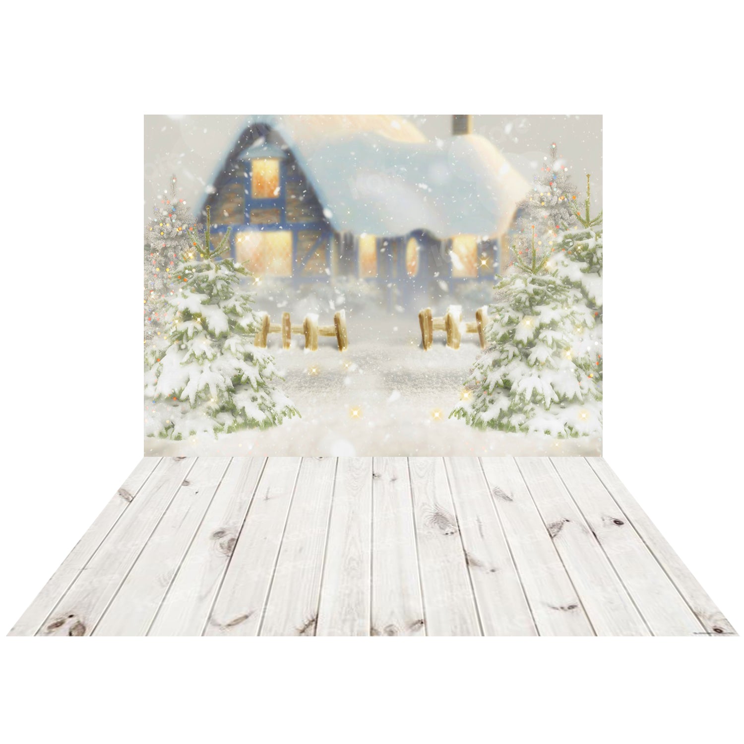 Kate Heavy Snow Cabin Christmas Backdrop+Kate White Retro Wooden Wall Rubber Floor Mat - Kate Backdrop AU