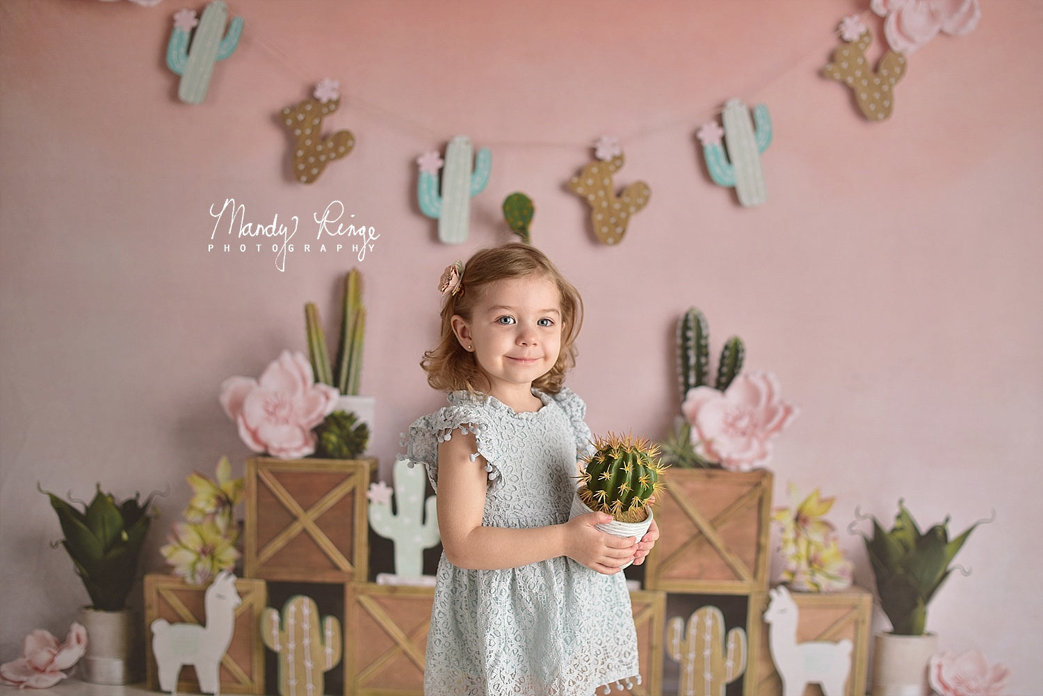 Kate Pastel Llamas with Cactus Pink Summer Backdrop for Children Designed By Mandy Ringe Photography - Kate Backdrop AU