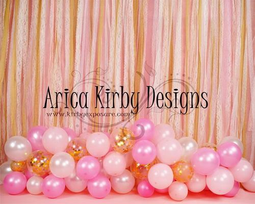 Kate Birthday Pink & Gold Ribbons with Balloons Party Backdrop Designed By Arica Kirby - Kate Backdrop AU