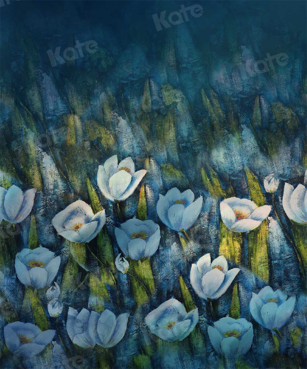 Kate Fine Art Abstract White Flowers Backdrop Blue for Photography - Kate Backdrop AU