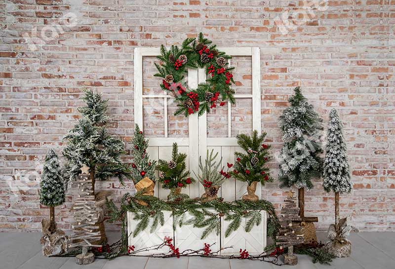 Kate Christmas Trees Barn Door Winter Backdrop Designed by Emetselch - Kate Backdrop AU