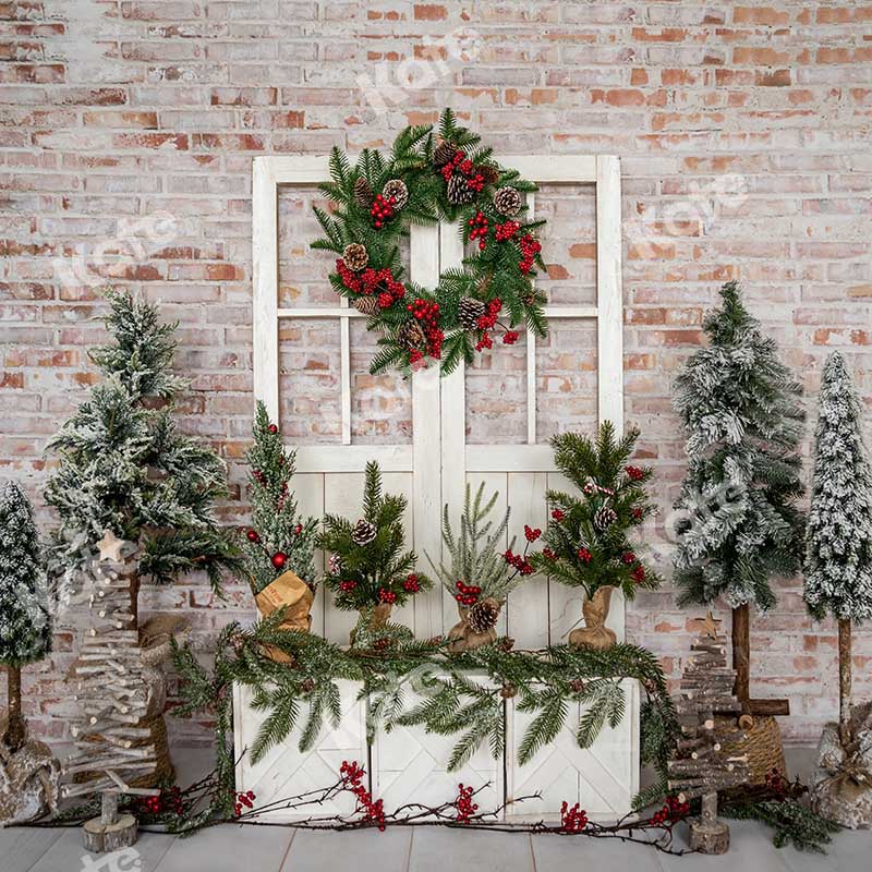 Kate Christmas Trees Barn Door Winter Backdrop Designed by Emetselch - Kate Backdrop AU