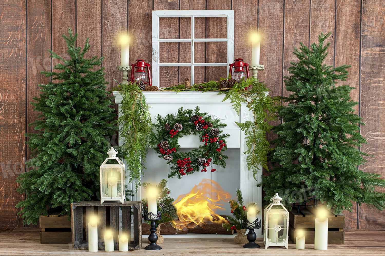 Kate Christmas Fireplace Candlelight Wooden Backdrop Designed by Emetselch - Kate Backdrop AU