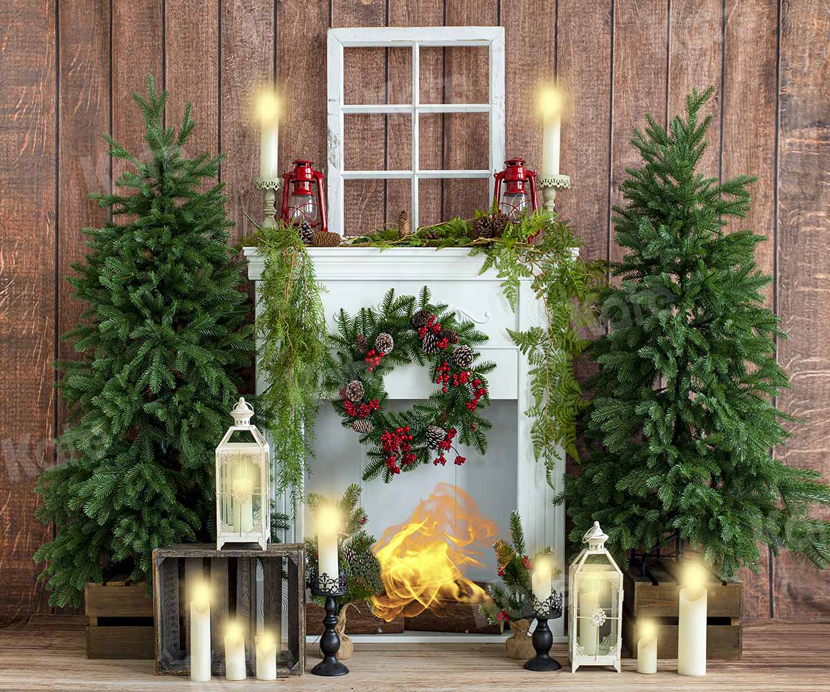 Kate Christmas Fireplace Candlelight Wooden Backdrop Designed by Emetselch - Kate Backdrop AU