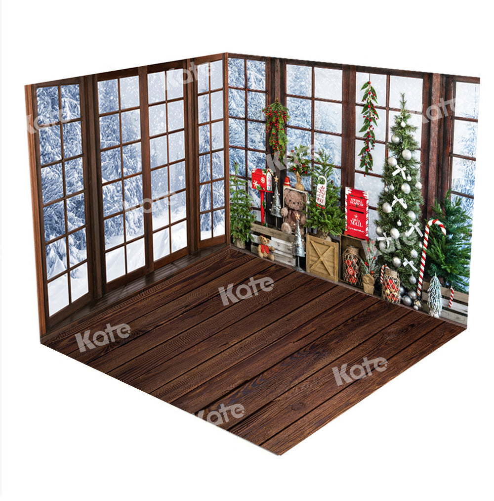 Kate Snow Outside Window Christmas Wood Texture Room Set(8ftx8ft&10ftx8ft&8ftx10ft) - Kate Backdrop AU