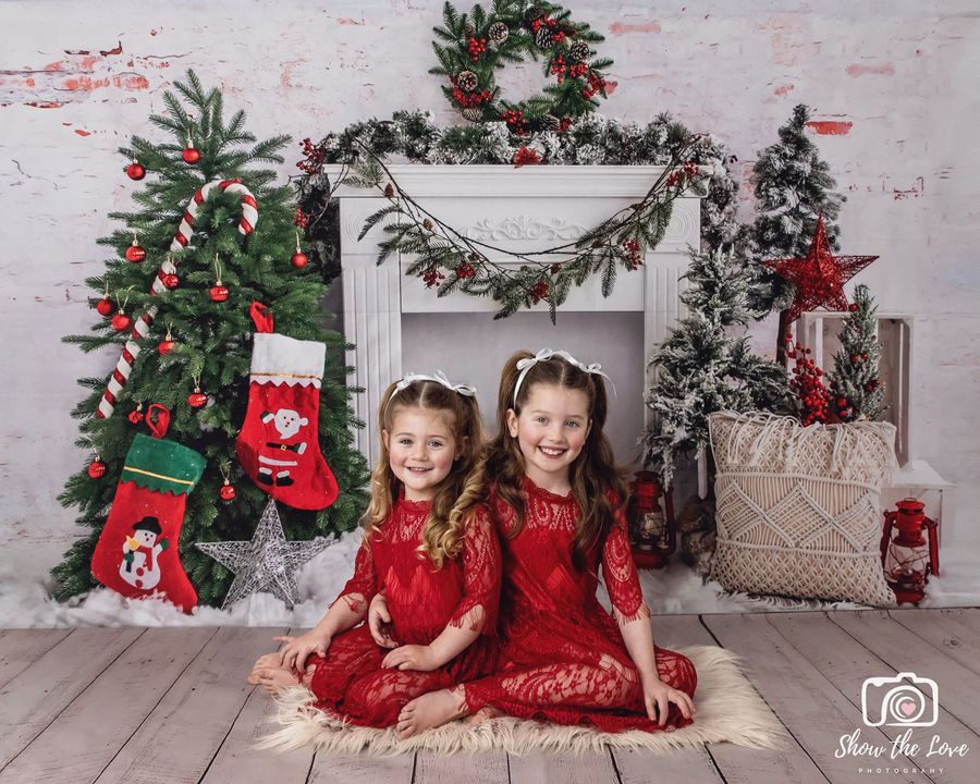 Kate Christmas Tree Brick Fireplace Backdrop Designed by Emetselch - Kate Backdrop AU