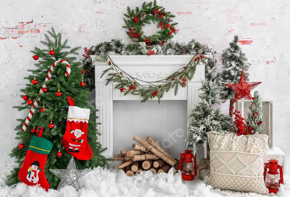 Kate Christmas Tree Brick Fireplace Backdrop Designed by Emetselch - Kate Backdrop AU