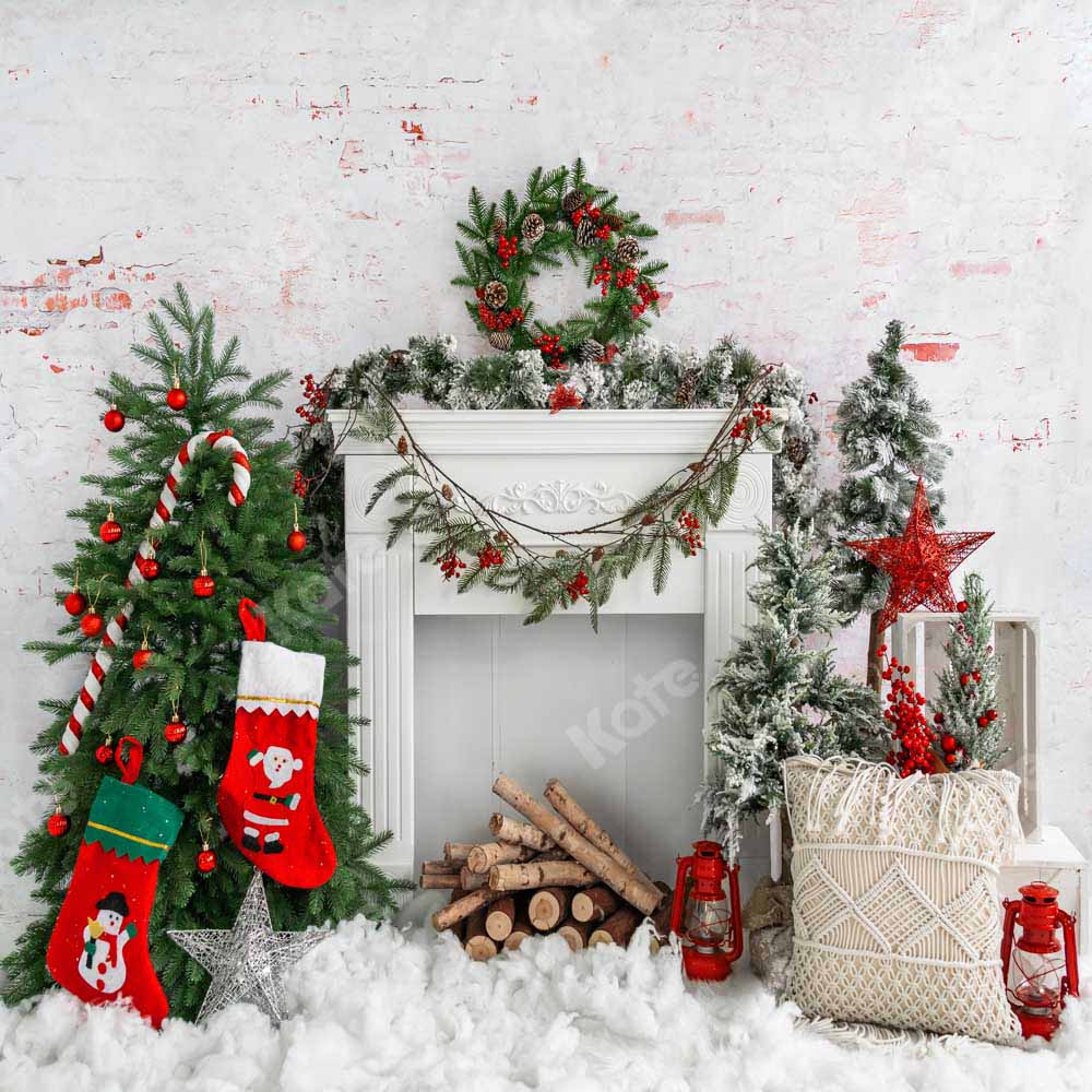 Kate Christmas Tree Brick Fireplace Backdrop Designed by Emetselch - Kate Backdrop AU