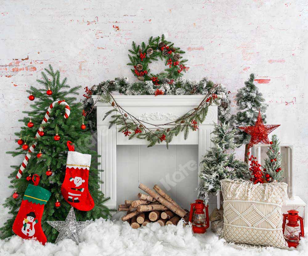 Kate Christmas Tree Brick Fireplace Backdrop Designed by Emetselch - Kate Backdrop AU