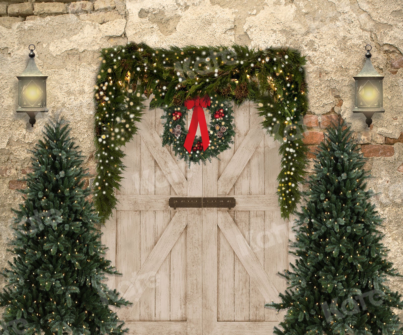 Kate Christmas Backdrop Brick Wall Door & Xmas Trees Designed By JS Photography