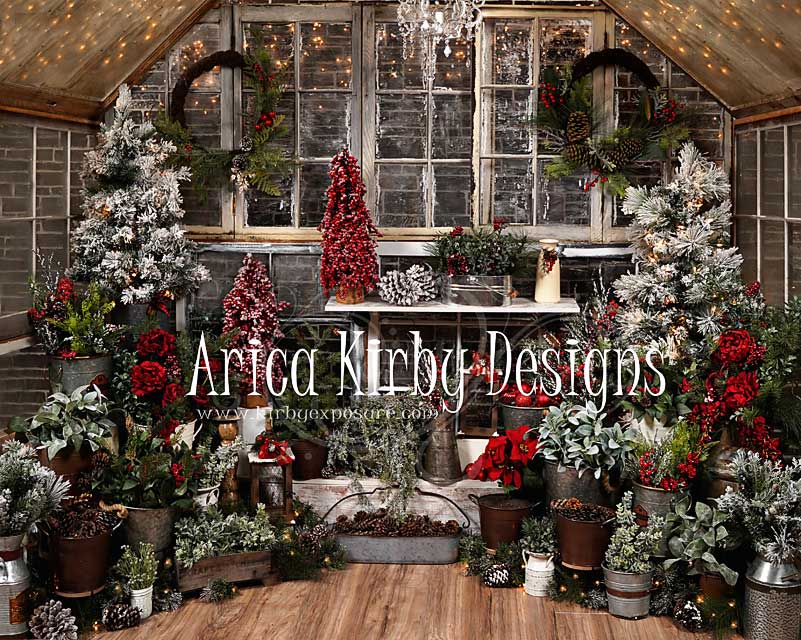 Kate Christmas Tree Wood House Winter Backdrops Designed by Arica Kirby - Kate Backdrop AU