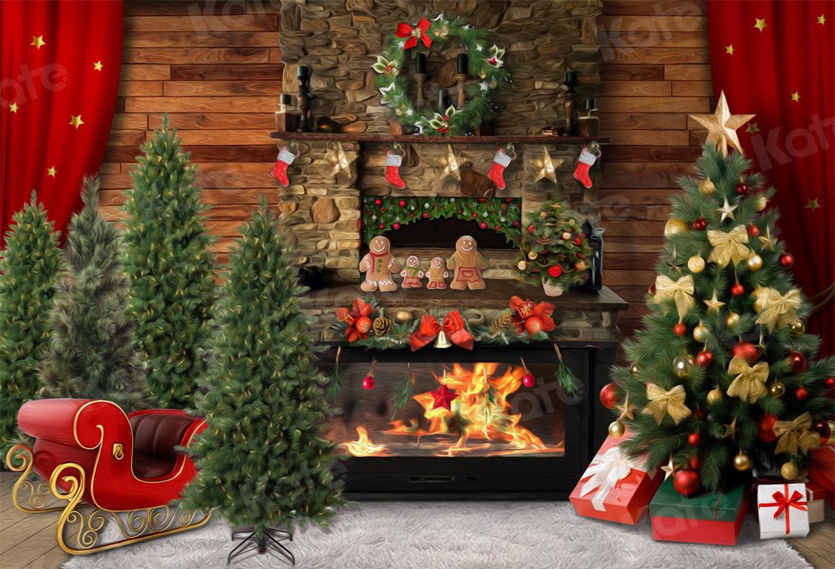 Kate Christmas Fireplace Room Gingerbread Backdrop for Photography - Kate Backdrop AU