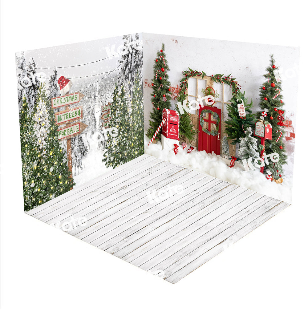 Kate Christmas for Sale Tree Snow White Wood Grain Room Set(8ftx8ft&10ftx8ft&8ftx10ft) - Kate Backdrop AU