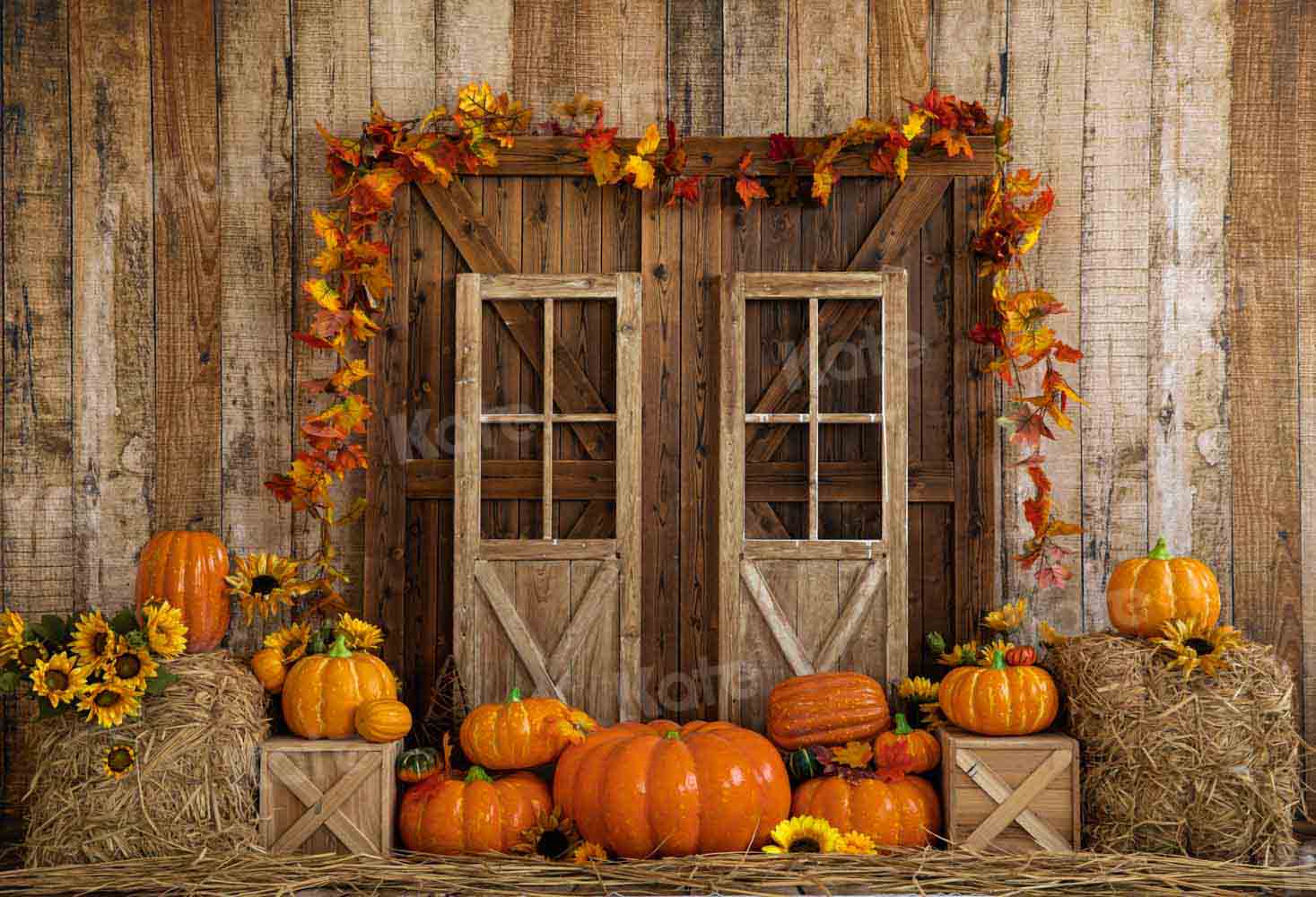 Kate Autumn Pumpkins Barn Door Backdrop Designed by Emetselch - Kate Backdrop AU