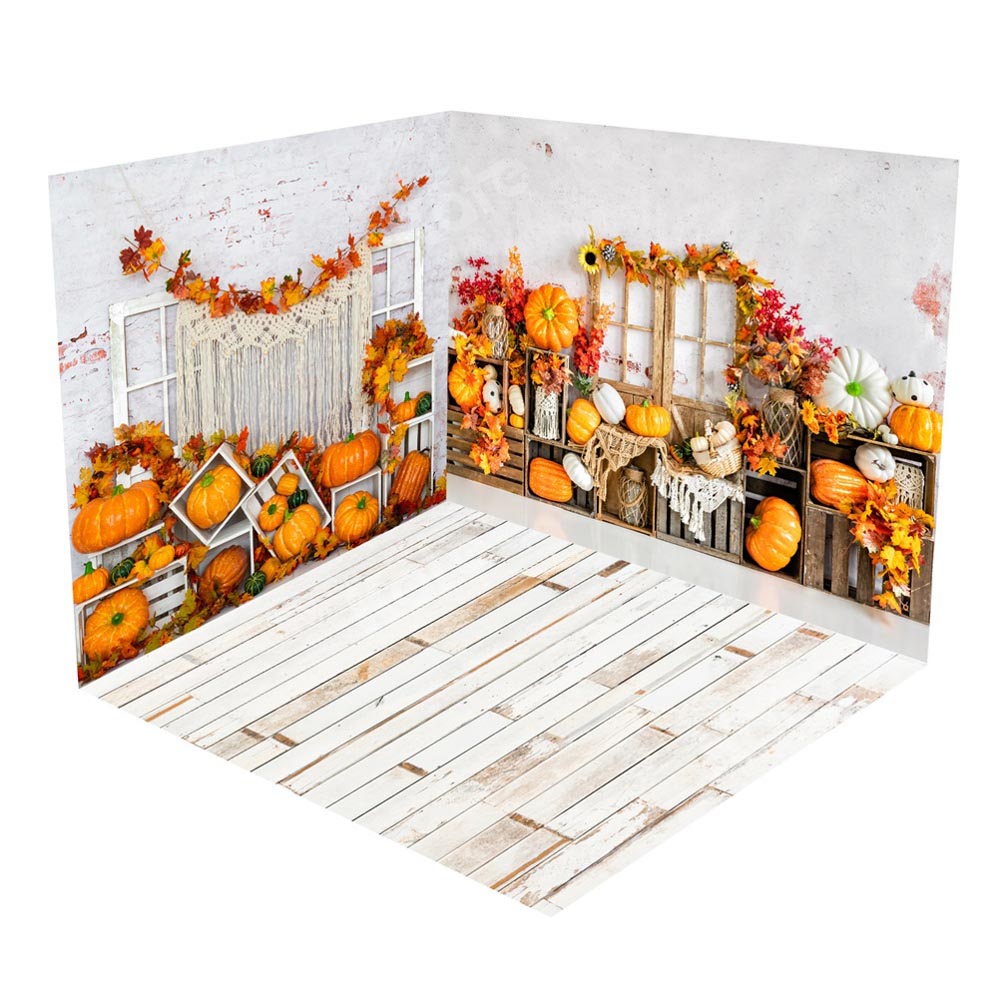 Kate Pumpkin Autumn Maple Leaf Wood Barn Door Room Set(8ftx8ft&10ftx8ft&8ftx10ft) - Kate Backdrop AU