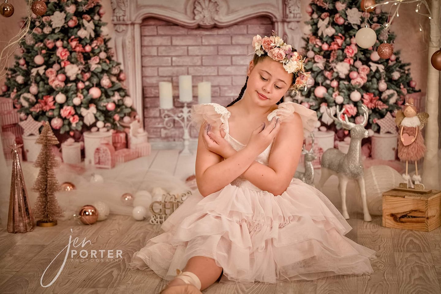 Kate Christmas Trees Backdrop Fireplace Pink Wall for Photography - Kate Backdrop AU