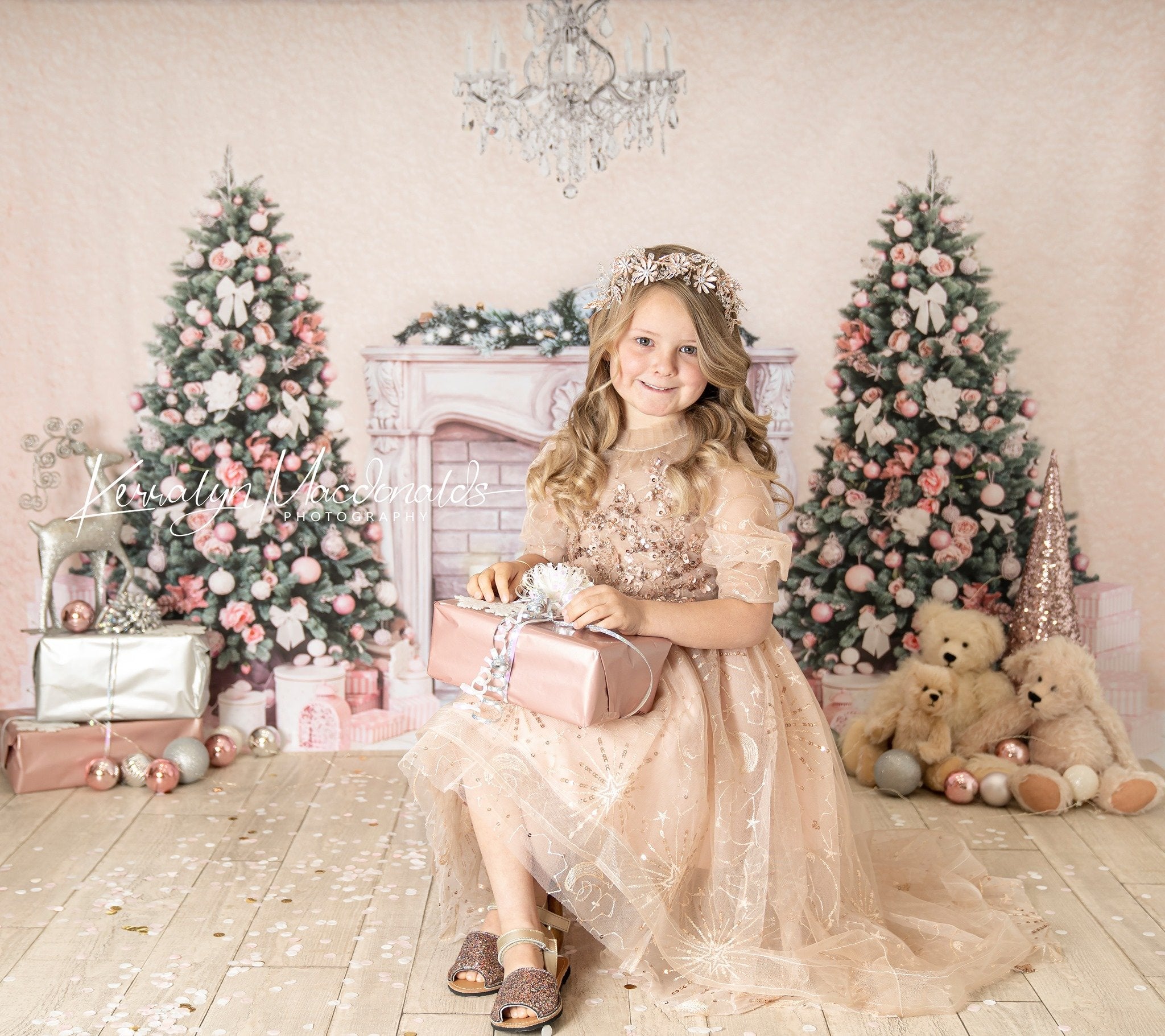 Kate Christmas Trees Backdrop Fireplace Pink Wall for Photography - Kate Backdrop AU