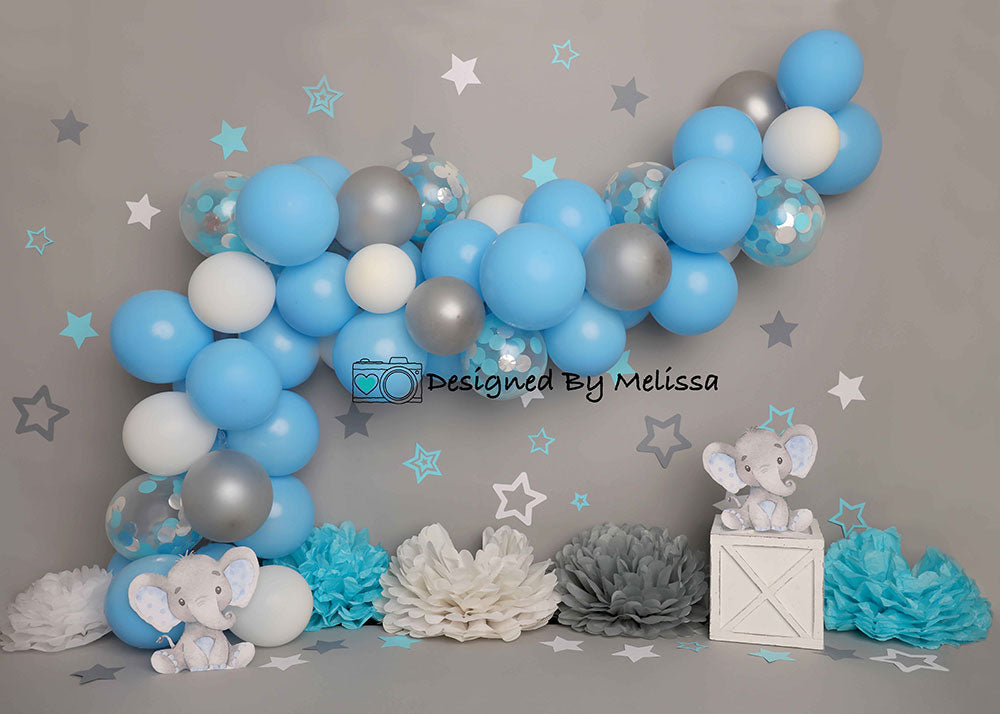Kate Children Grey Wall Elephant Blue Balloon Backdrop Designed by Melissa King - Kate Backdrop AU