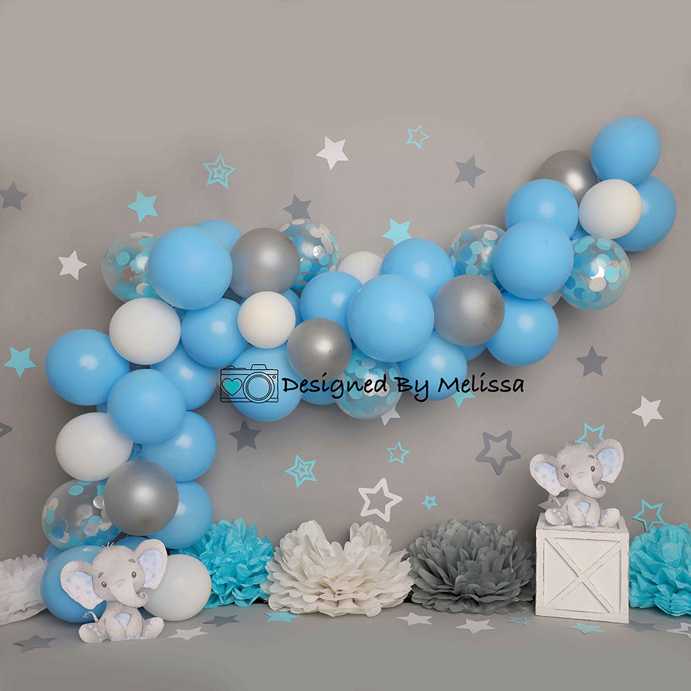 Kate Children Grey Wall Elephant Blue Balloon Backdrop Designed by Melissa King - Kate Backdrop AU