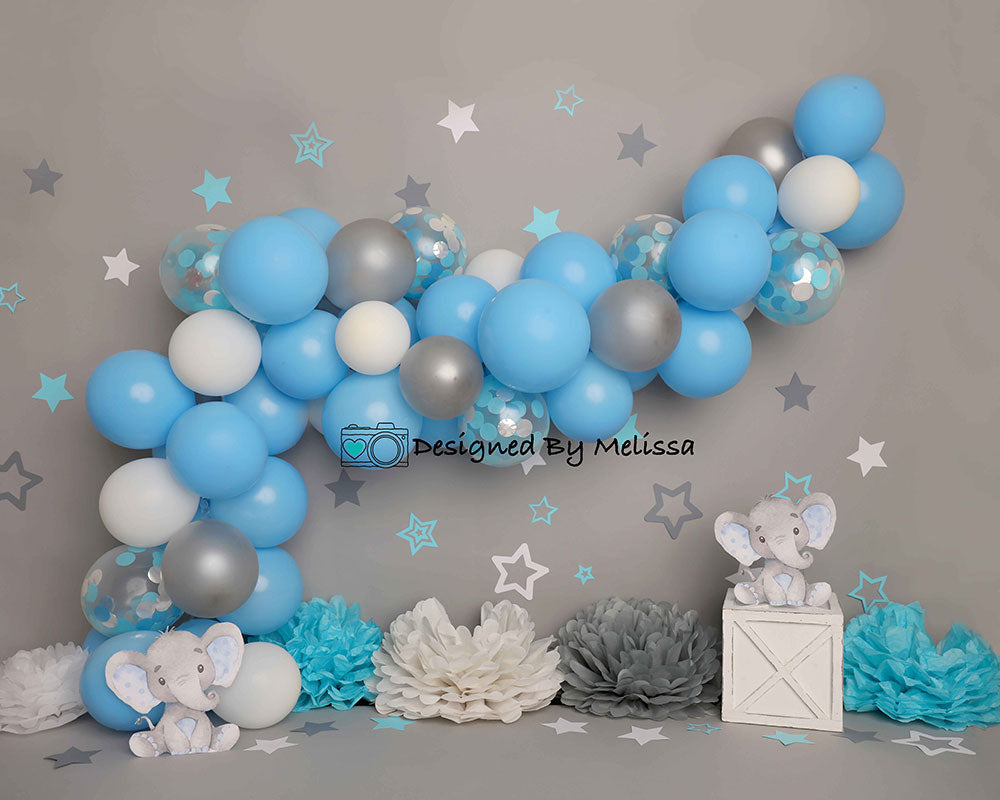 Kate Children Grey Wall Elephant Blue Balloon Backdrop Designed by Melissa King - Kate Backdrop AU
