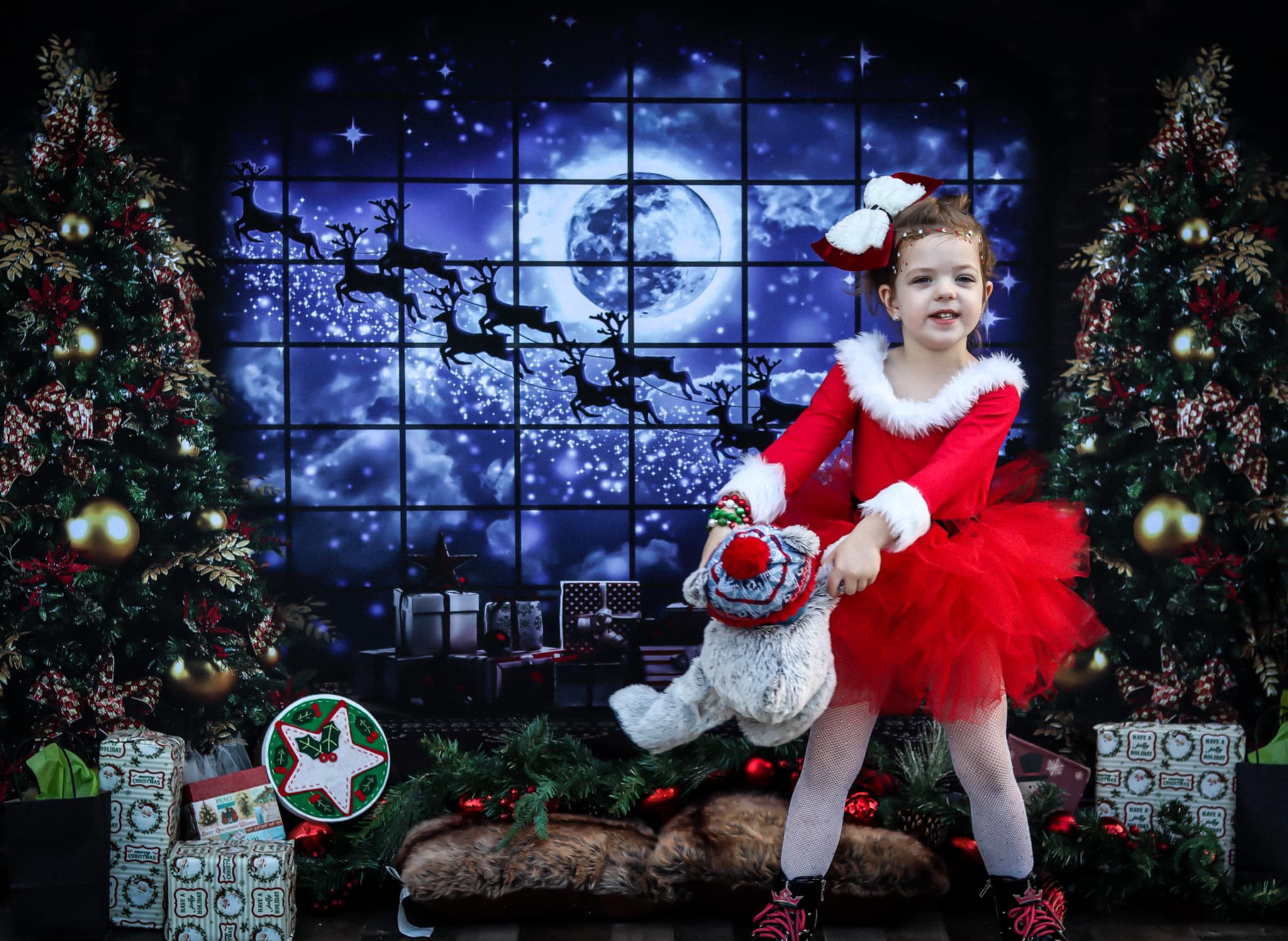 Kate Christmas Windows Sleigh Backdrop Elk for Photography - Kate Backdrop AU