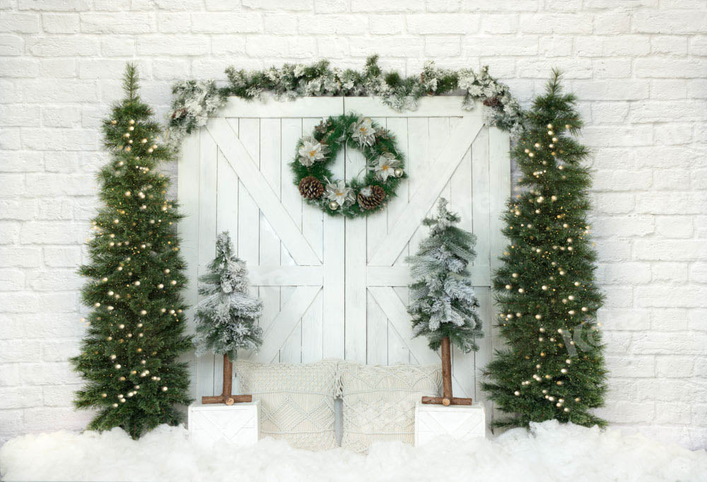 Kate Christmas Tree Backdrop Barn Door Snow Designed by Emetselch - Kate Backdrop AU